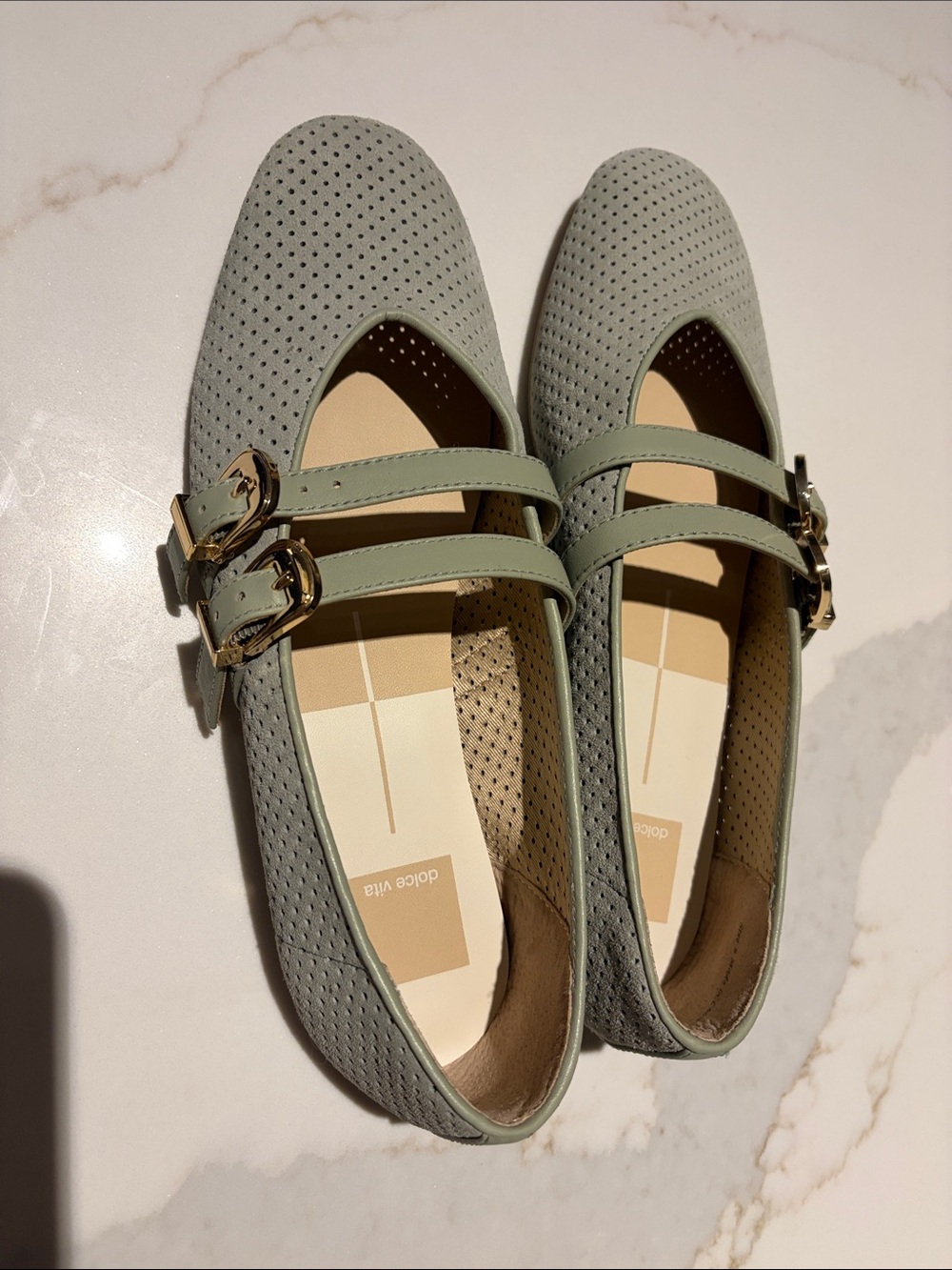 Dolce Vita Light Sage Perforated Double-Buckle Mary Jane Flats